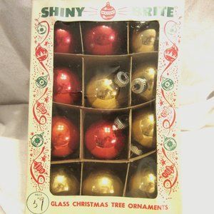 VTG SHINY BRITE GLASS ORNAMENTS, 1.5'' BALL, W/BOX, SET OF 12